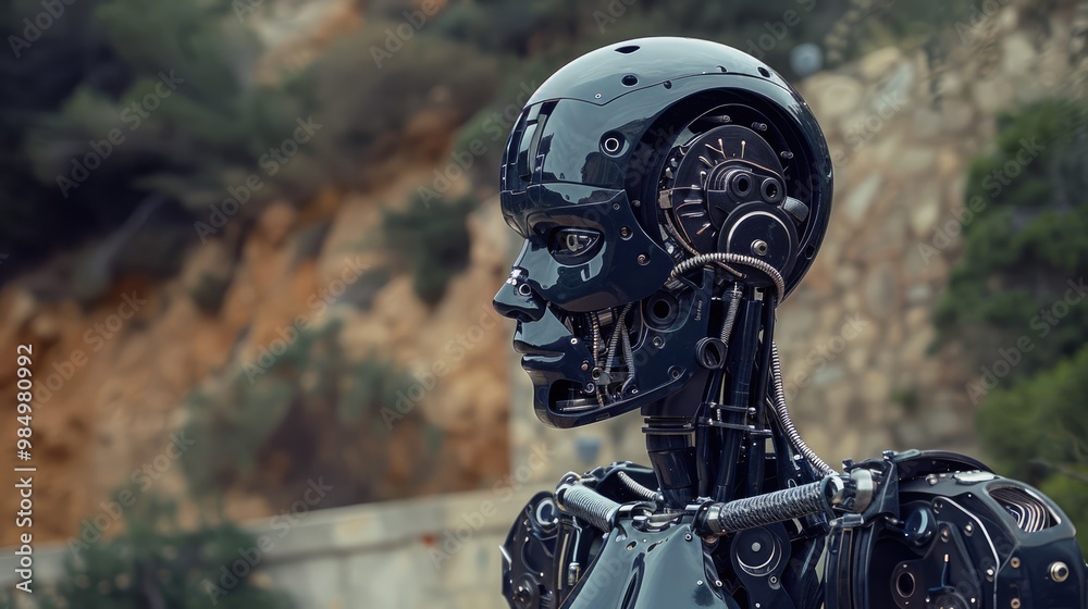 A humanoid robot with a skeletal frame and complex mechanical parts. A humanoid robot with a skeletal frame and complex mechanical parts.
