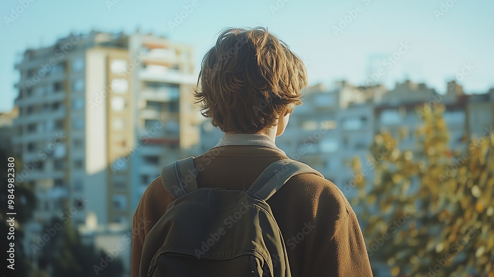 Fototapeta premium A young man wearing a brown jacket and backpack is standing in front of a tall building. Concept of solitude and contemplation, as the man looks out over the city