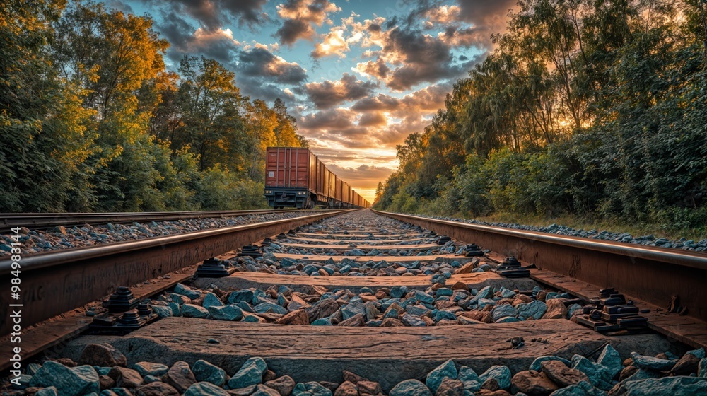 Sunset freight train on railroad tracks in a forest with cloudy sky