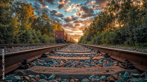 Obraz na płótnie Sunset freight train on railroad tracks in a forest with cloudy sky w salonie