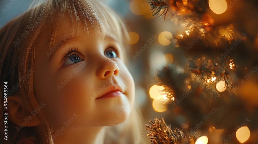 Fototapeta premium A young girl is looking at a Christmas tree with lights