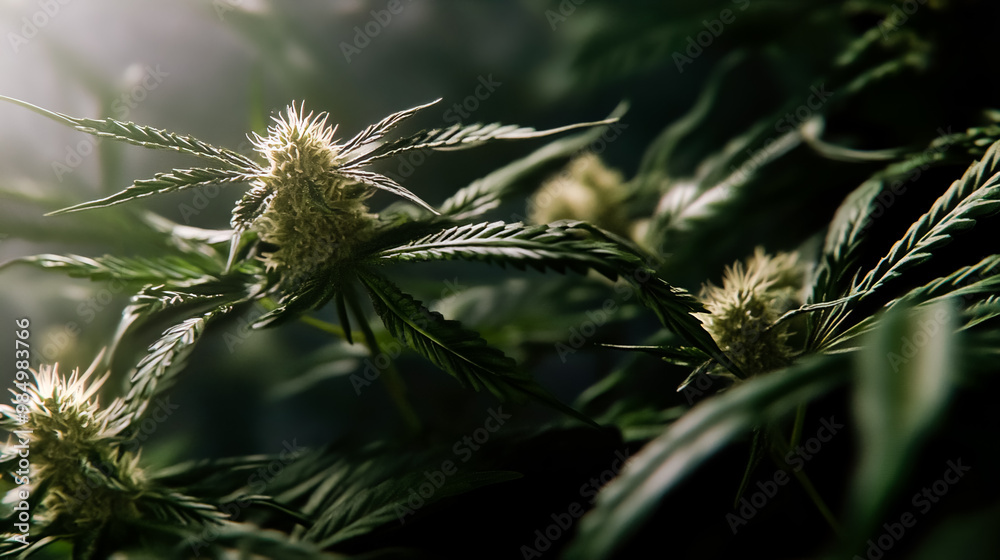 Hyperrealistic image showcasing detailed close-up of cannabis leaves and buds. Hyperrealistic image showcasing detailed close-up of cannabis leaves and buds.