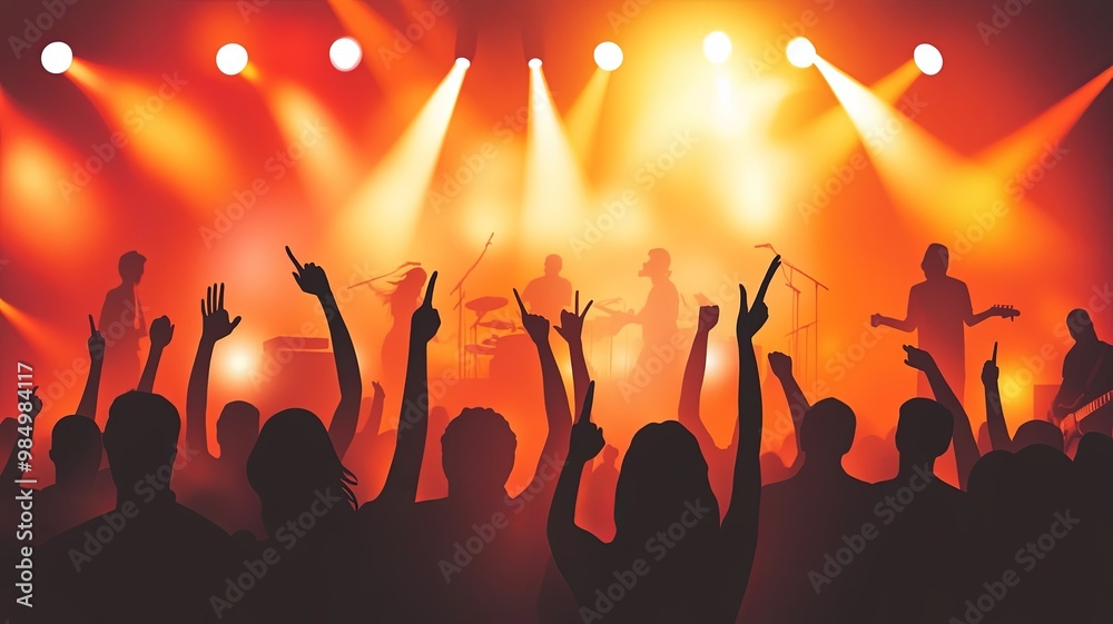 Silhouettes of people rising their hands and having fun at the music open air festival. Nightlife. People dancing at rock concert and going wild. There are orange stage lights. On stage are musicians. Silhouettes of people rising their hands and having fun at the music open air festival. Nightlife. People dancing at rock concert and going wild. There are orange stage lights. On stage are musicians.