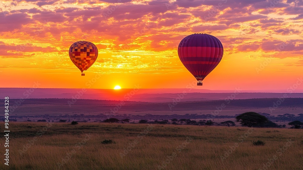 Fototapeta premium Air balloons during sunrise above Masai Mara in Kenya. 