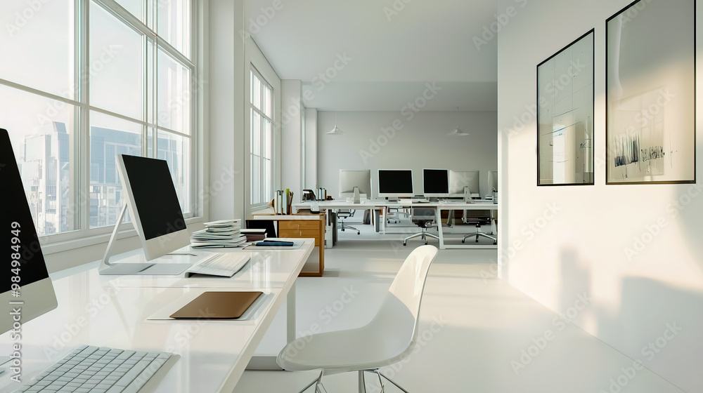 Fototapeta premium Minimalistic design studio with a clean, white background.
