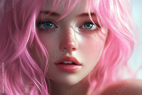 Close up portrait of a young woman with pink hair and blue eyes.