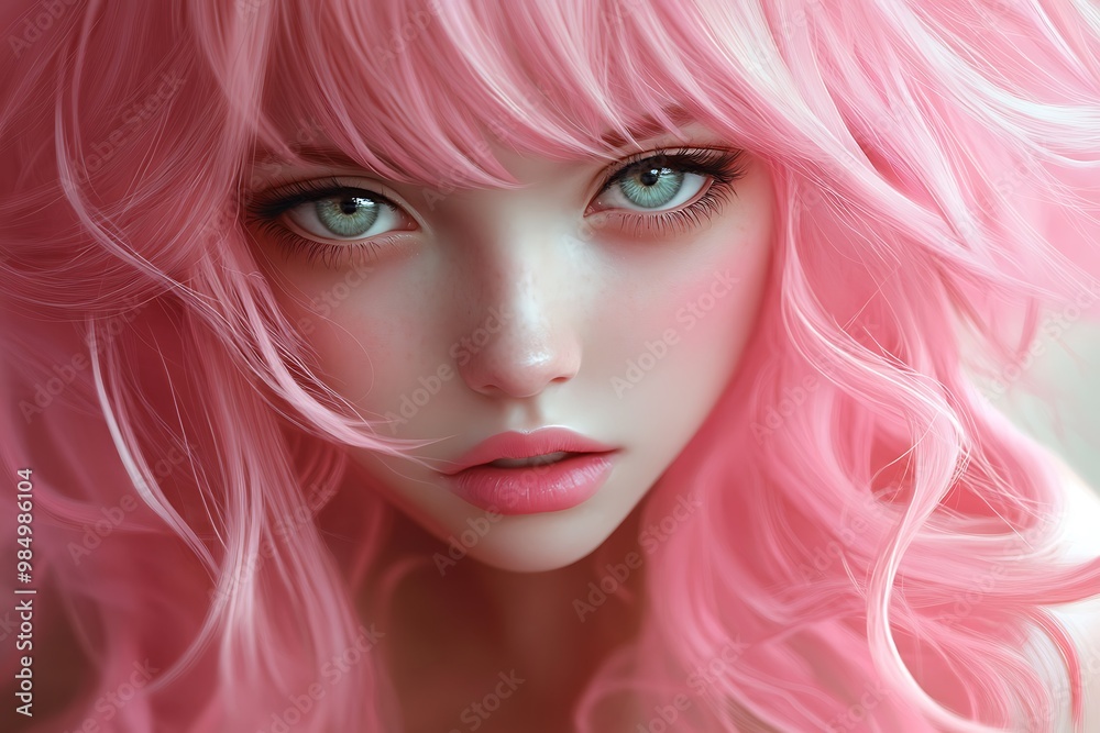 Portrait of a young woman with pink hair and green eyes Portrait of a young woman with pink hair and green eyes