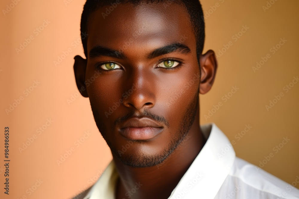 Obraz premium A young man shows off his captivating green eyes while dressed in a white shirt; warm tones enhance his striking features