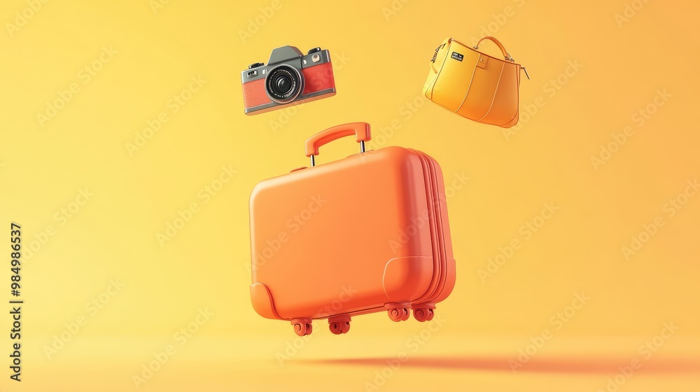 A red suitcase with a camera and bag floating above it against a yellow background. A red suitcase with a camera and bag floating above it against a yellow background.