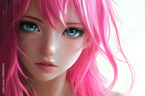 Anime Girl Portrait with Pink Hair and Blue Eyes