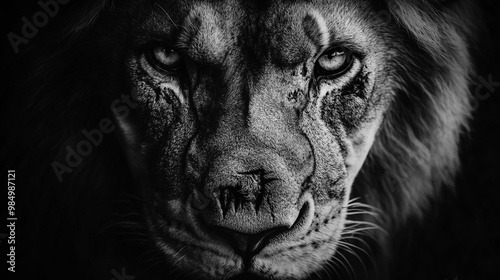 Portrait of a scarred lion king, looking directly at the camera.