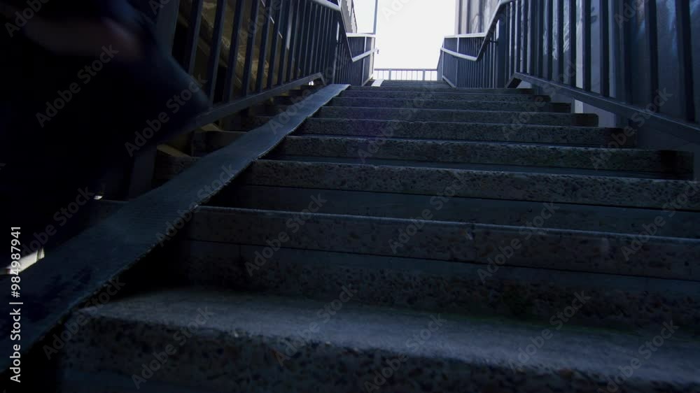 Stunt man jumping onto concrete steps and running off - low shot Stunt man jumping onto concrete steps and running off - low shot