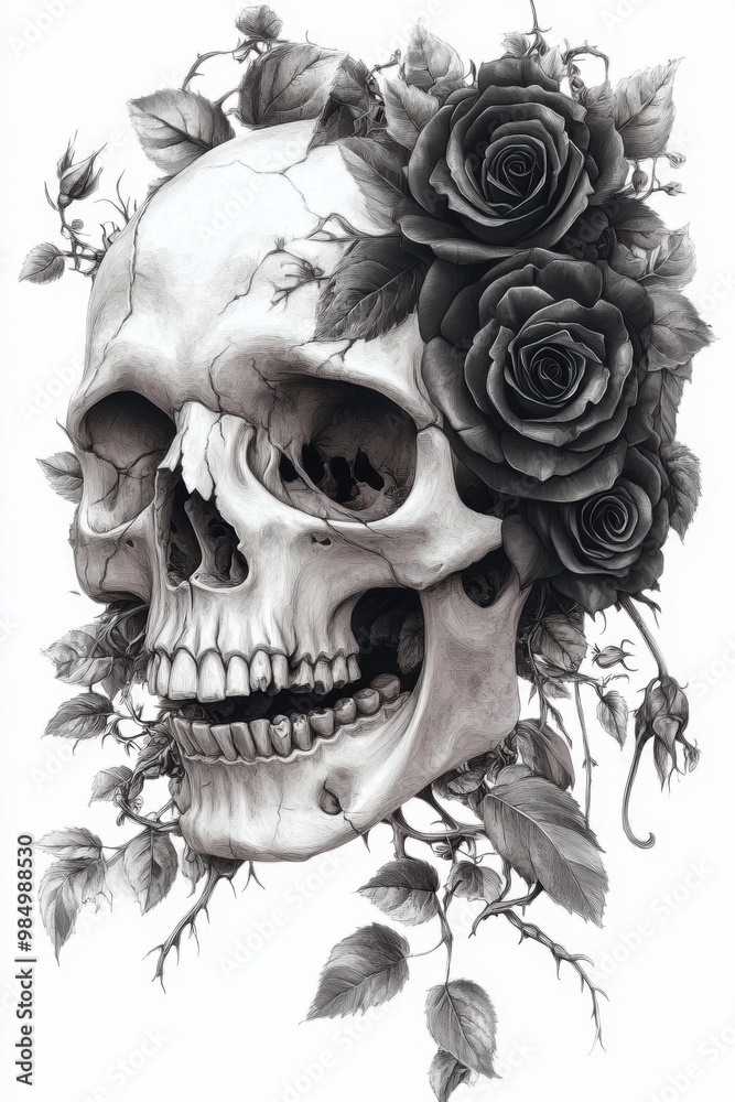 Fototapeta premium A japanese Skull with black roses art pattern drawing. 