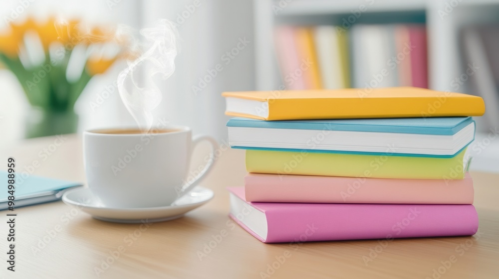 A stack of books with a cup and steam coming out, AI A stack of books with a cup and steam coming out, AI