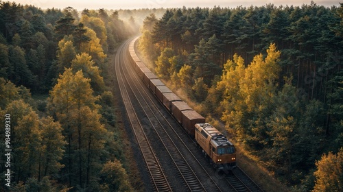 Cargo train traveling through a forest at sunrise, aerial view