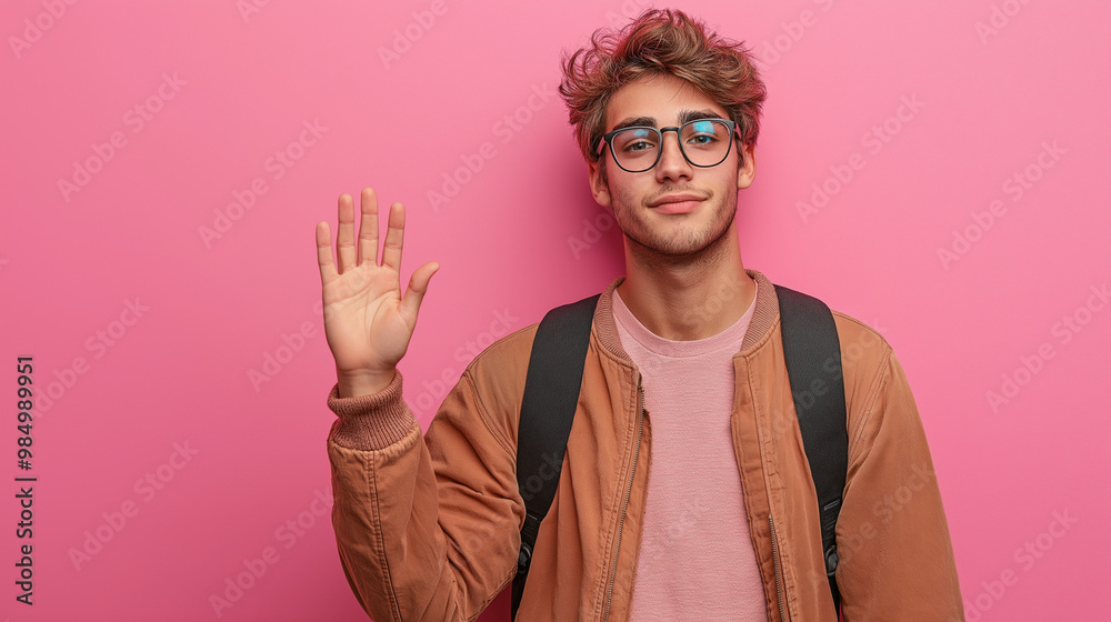 on the right side male student on a single colour background raching his hand. fisheye