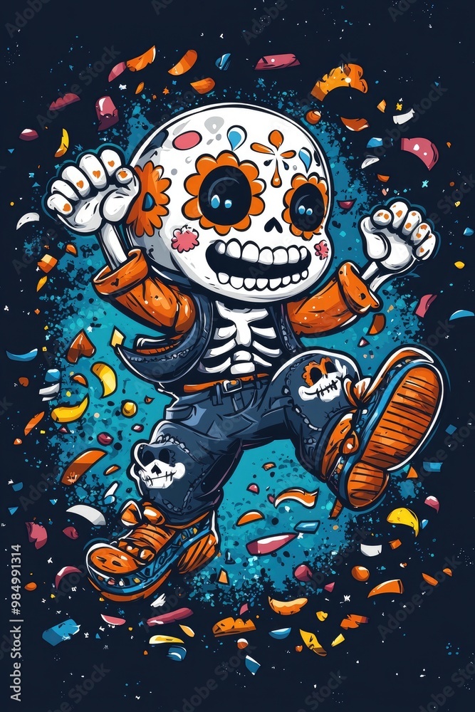 Day of the Dead Skeleton Dancing with Confetti