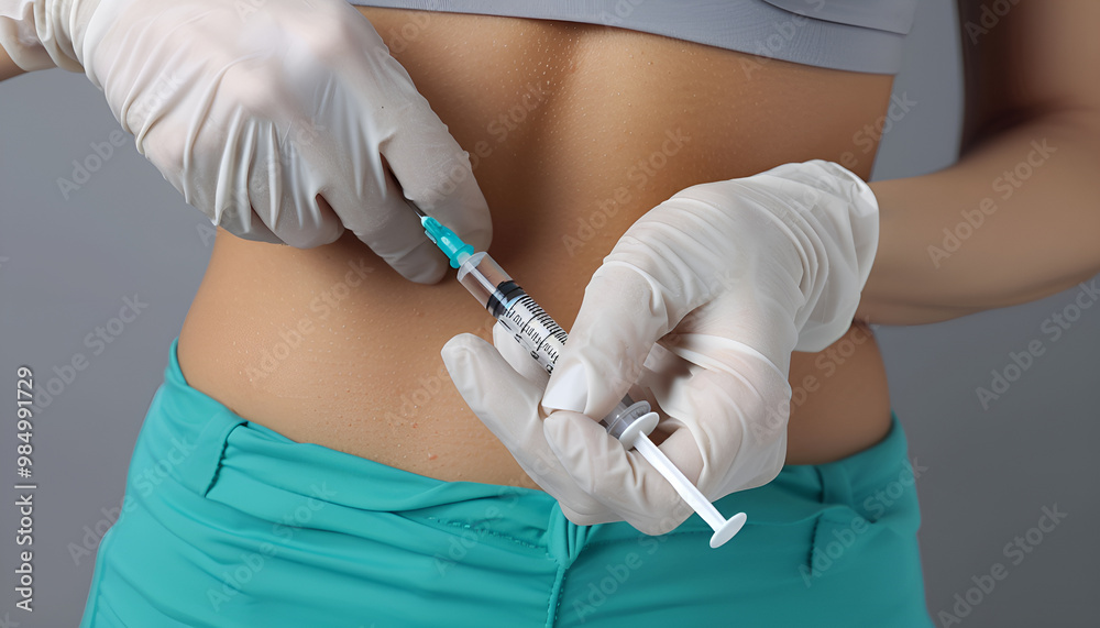 woman putting a hormonal injection in her stomach with pen syringe on a ...