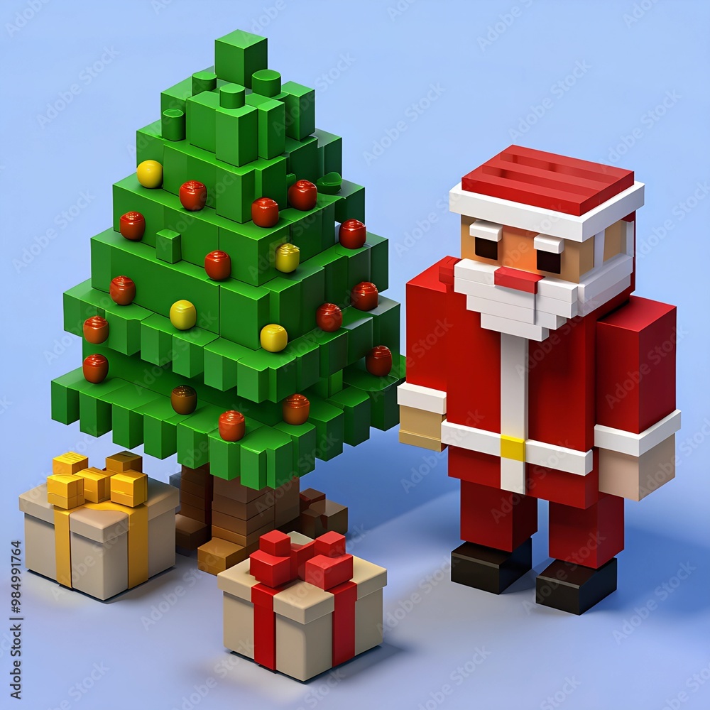 Blocky Santa Claus character next to a pixelated Christmas tree and ...