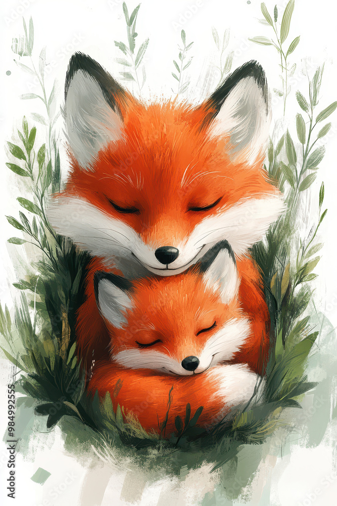Fototapeta premium A cute fox mom and her baby, cuddling in their cozy nest together.