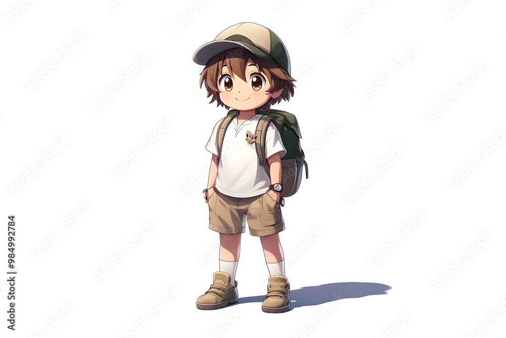 Cute Cartoon Boy Character in White T shirt, Hat, and Backpack Isolated on White Background Cute Cartoon Boy Character in White T shirt, Hat, and Backpack Isolated on White Background