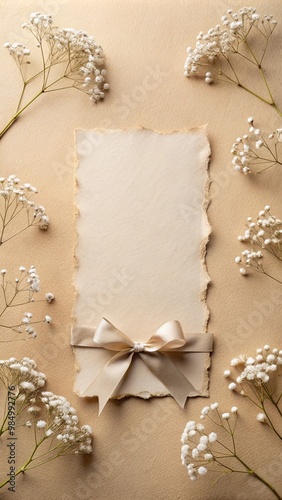 Aesthetic paper postcard card with copy space and beautiful gypsophila flowers