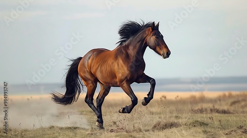 A wild horse galloping across an open field, mane flowing in the wind, pure freedom in motion photo