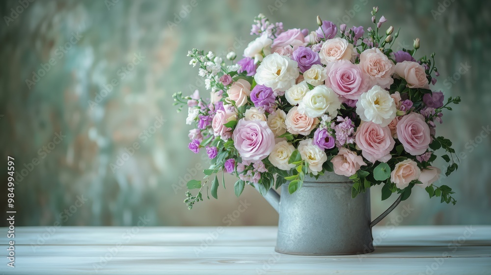 A dreamy bouquet of lavender roses and white gardenias in a vintage watering can on a rustic wooden table. Generative AI A dreamy bouquet of lavender roses and white gardenias in a vintage watering can on a rustic wooden table. Generative AI
