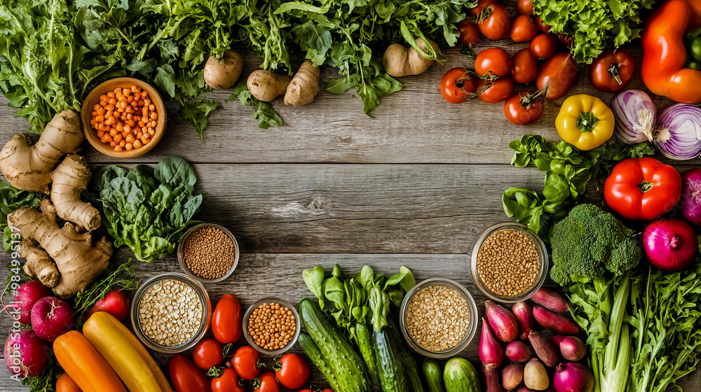 Farm-to-Table: Fresh vegetables, fruits, and whole grains on a rustic wooden table.