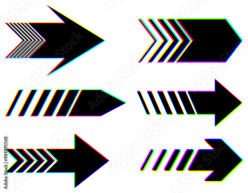 Set of glitch-style arrows in bold colors. Vector illustration ideal for tech, digital, and creative projects.