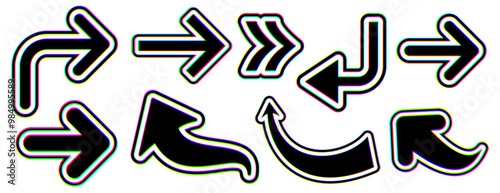 Collection of glitch-style arrows and recycling symbols with vibrant distortion. Vector illustration for tech and eco-themed designs.
