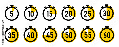 Stopwatch timer countdown clock set with 5 to 60 minutes in yellow color on white background. Timer set vector icon collection. 5 minutes timer set. Cooking time vector. Countdown timer symbol set.