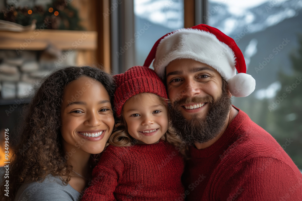 A joyful family celebrates Christmas indoors, dressed in red sweaters and Santa hats, with a cozy fireplace and snowy view. A joyful family celebrates Christmas indoors, dressed in red sweaters and Santa hats, with a cozy fireplace and snowy view.