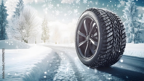 Brand New Winter Car Tires Showcased on a Snowy Road for Optimal Winter Performance and Safety photo