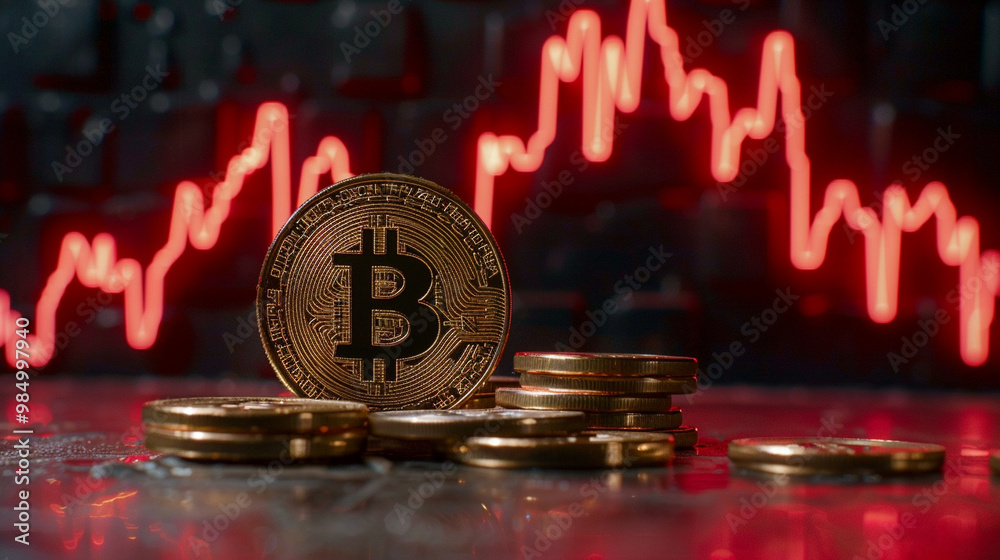 Bitcoin coin on modern technology trading background, trade graph Bitcoin coin on modern technology trading background, trade graph