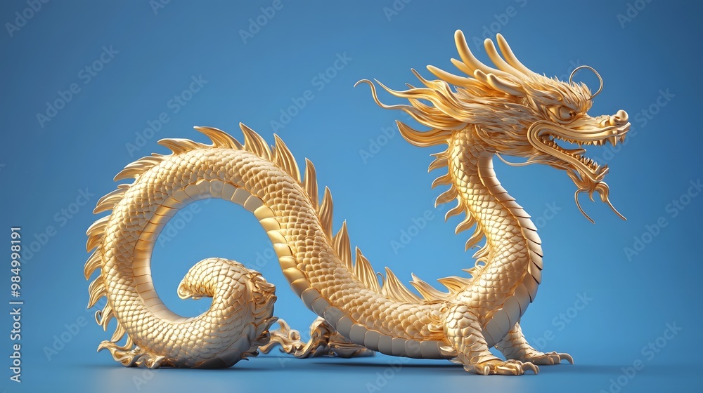 Natural 3D Model of a Golden Chinese Dragon Statue Isolated on White for Authentic Artistic Displays