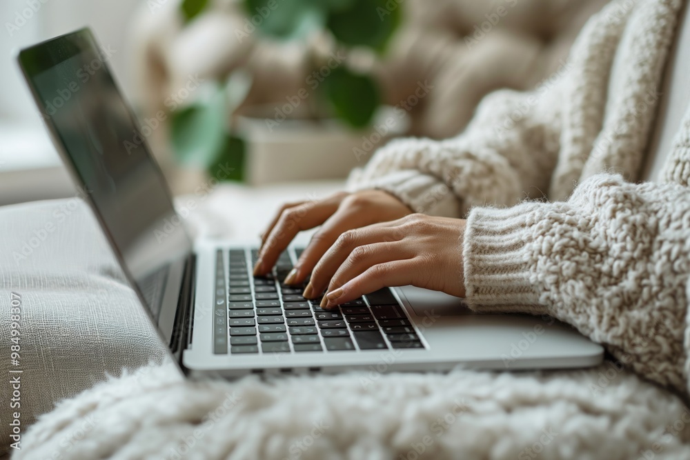 Cozy setup with hands typing on a laptop, wrapped in a soft sweater, highlighting comfort and productivity at home. Cozy setup with hands typing on a laptop, wrapped in a soft sweater, highlighting comfort and productivity at home.
