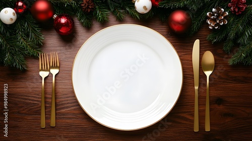 Christmas Banner with Dinner Table Setting, Empty Plate, Cutlery, Christmas Toys, and Fir Tree for a Festive Winter Holiday Background photo