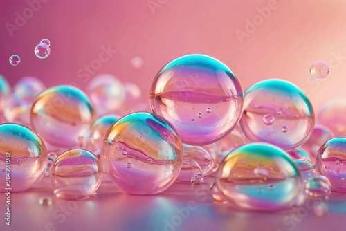 3D render holographic chrome Y2K element. Liquid metal, shiny colorful glass spheres are arranged on a pink background, different sizes and colors, appealing and vibrant display.