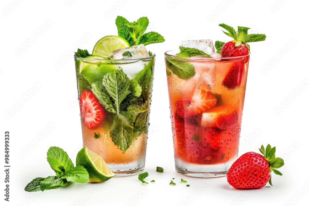 Cocktail collection Strawberry and classic mojito isolated on white background mojito mojito Cocktail collection Strawberry and classic mojito isolated on white background mojito mojito