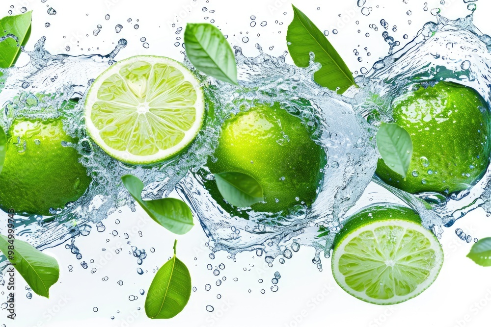 Cutted lime with leaves in water splashes isolated on white background. Cutted lime with leaves in water splashes isolated on white background.