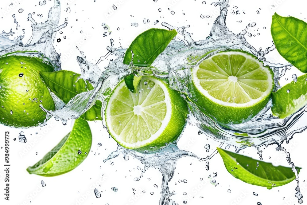 Cutted lime with leaves in water splashes isolated on white background. Cutted lime with leaves in water splashes isolated on white background.