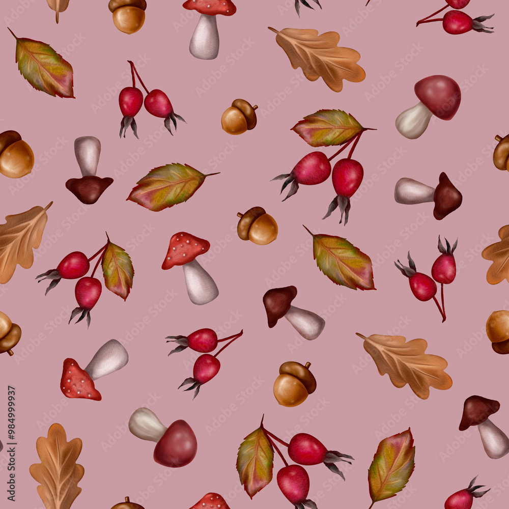 seamless pattern with hand drawn autumn leaves, berries, acorns