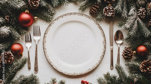 Detailed Christmas Banner with Dinner Table Setting, Empty Plate, Cutlery, Christmas Toys, and Fir Tree for a Stunning Winter Holiday photo