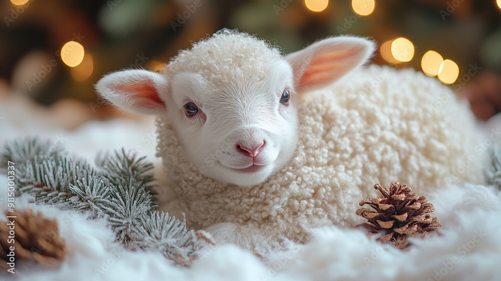 White lamb and Christmas decor. White lamb and Christmas decor.