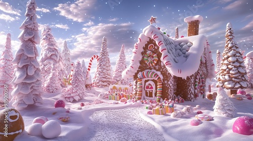 A Whimsical Candyland Christmas: Pastel Wonderland with Snow-Covered Gingerbread Houses, Sugary Trees, and Sweet Festive Delights