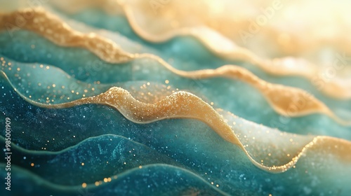 Vibrant turquoise waves flowing gracefully under golden sunlight with sparkling particles in a tropical paradise. Generative AI photo