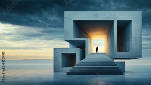 A man standing at the top of a stairway leading to an abstract structure, AI