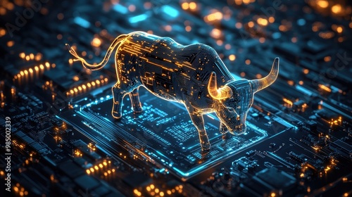 A digital bull stands on a circuit board, representing the power of technology in finance.