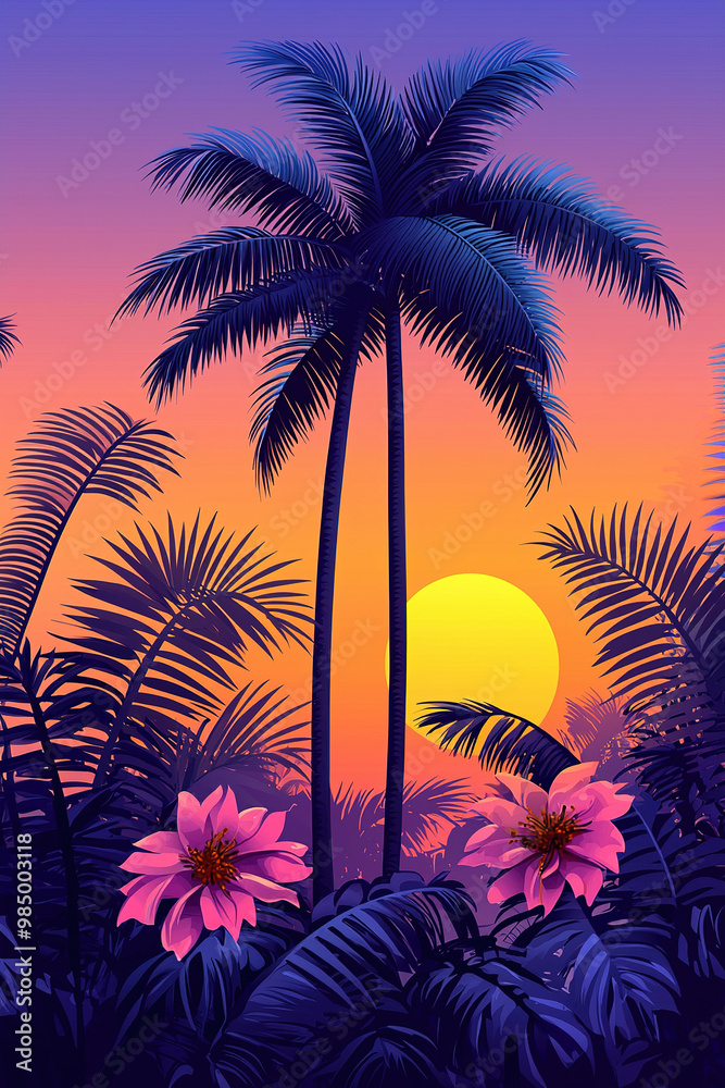 Tropical sunset with palm trees and flowers